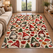 gnome pattern with hearts and mushrooms rug in a bright living room with a sofa