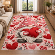 pink gnome hugging a heart rug in a bright living room with a sofa