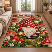 gnome in a mushroom garden rug in a bright living room with a sofa