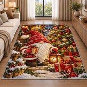 gnome by a decorated Christmas tree rug in a bright living room with a sofa