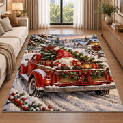 gnome riding in a red truck rug in a bright living room with a sofa