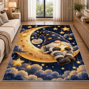 gnome sitting on the crescent moon rug in a bright living room with a sofa