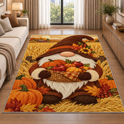 Thanksgiving harvest gnome rug in a bright living room with a sofa