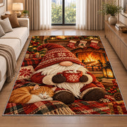 gnome by the fireplace rug in a bright living room with a sofa