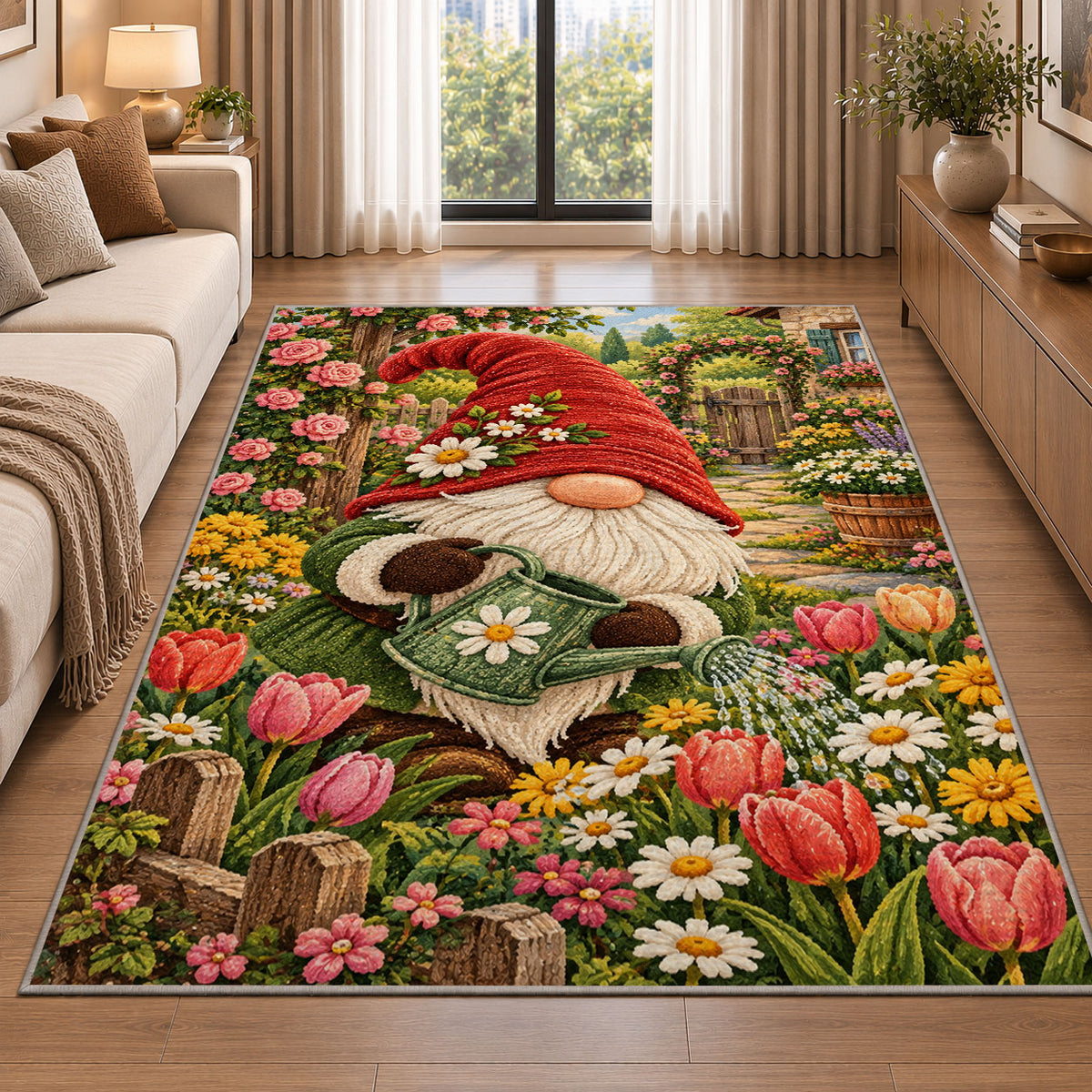 gnome watering tulips rug in a bright living room with a sofa