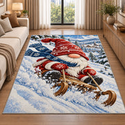 gnome sledding down a snowy hill rug in a bright living room with a sofa