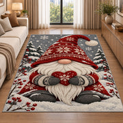 Nordic gnome holding a heart rug in a bright living room with a sofa