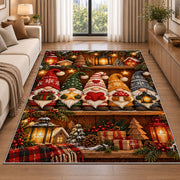 row of gnomes on a shelf rug in a bright living room with a sofa