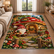 gnome at a mushroom house rug in a bright living room with a sofa