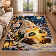 gnome hugging a golden star rug in a bright living room with a sofa
