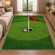 Golf hole and flag rug in a bright living room with a sofa