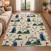 Golf icons pattern rug in a bright living room with a sofa