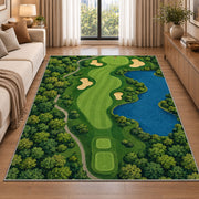 Golf course map rug in a bright living room with a sofa