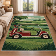 Retro golf cart rug in a bright living room with a sofa