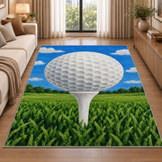 Golf ball on tee rug in a bright living room with a sofa