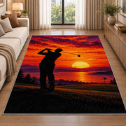 Golfer sunset rug in a bright living room with a sofa