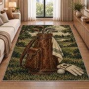 Leather golf bag rug in a bright living room with a sofa