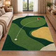 Minimal golf green rug in a bright living room with a sofa