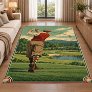 Vintage golfer poster rug in a bright living room with a sofa