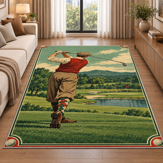 Vintage golfer poster rug in a bright living room with a sofa
