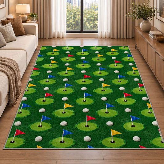 Golf flags pattern rug in a bright living room with a sofa