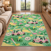 Kids golf rug in a bright living room with a sofa