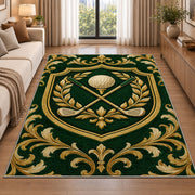 Golf club crest rug in a bright living room with a sofa