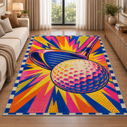Pop art golf rug in a bright living room with a sofa
