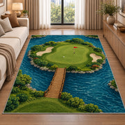 Island green rug in a bright living room with a sofa