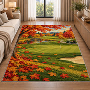 Autumn golf course rug in a bright living room with a sofa