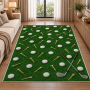 Golf balls and tees rug in a bright living room with a sofa