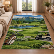 Mountain golf course rug in a bright living room with a sofa