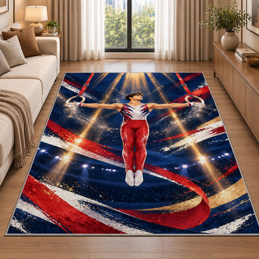 Gymnastics Still Rings Rug in a bright living room with a sofa