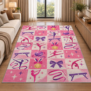 Pink Checkered Gymnastics Rug in a bright living room with a sofa