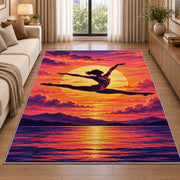 Gymnast Sunset Leap Rug in a bright living room with a sofa