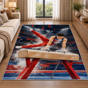 Pommel Horse Gymnastics Rug in a bright living room with a sofa