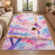 Watercolor Gymnast Rug in a bright living room with a sofa