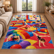 Kids Gymnastics Gym Rug in a bright living room with a sofa