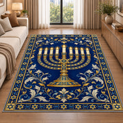 Royal Blue Menorah Rug in a bright living room with a sofa
