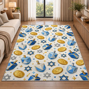 Dreidel and Gelt Pattern Rug in a bright living room with a sofa