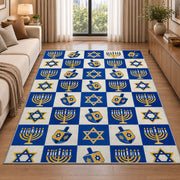 Checkered Hanukkah Rug in a bright living room with a sofa