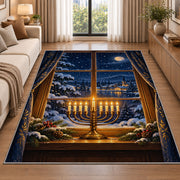 Menorah Window Rug in a bright living room with a sofa