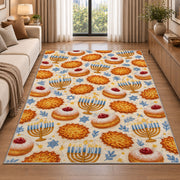 Sufganiyot and Latke Rug in a bright living room with a sofa