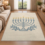 Minimalist Menorah Line Art Rug in a bright living room with a sofa