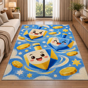 Cute Dreidel Kids Rug in a bright living room with a sofa