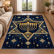 Star of David Menorah Rug in a bright living room with a sofa
