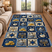 Hanukkah Patchwork Rug in a bright living room with a sofa