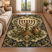 Antique Brass Menorah Rug in a bright living room with a sofa