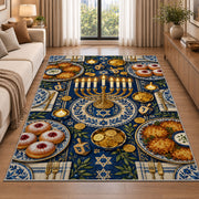 Hanukkah Table Rug in a bright living room with a sofa