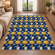Gold Coin and Dreidel Rug in a bright living room with a sofa